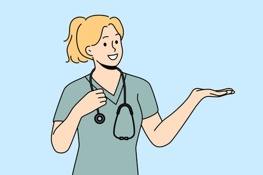Smiling female doctor show good deal
