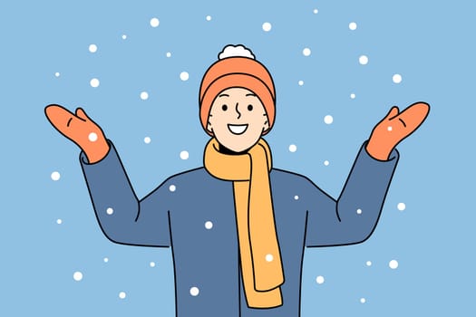 Smiling boy standing outside feel excited with snow. Happy child in outerwear overjoyed with winter holidays. Vector illustration.