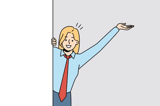 Smiling businesswoman look behind mockup white placard. Happy female employee look and wave near empty poster with advertisement. Copy space. Vector illustration.