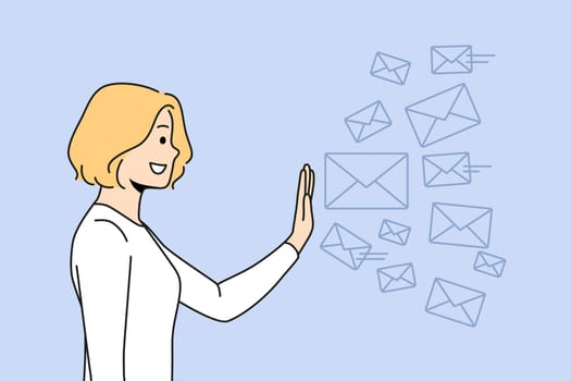 Smiling young woman stop numerous letters overwhelmed with excessive notifications. Happy girl reject spam emails. Vector illustration.