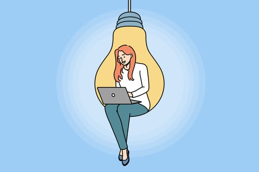 Young woman sitting on huge light bulb working on laptop. Confident motivated female employee on lightbulb busy with computer job. Innovation and brainstorm. Vector illustration.