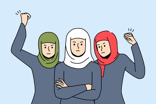 Decisive women in hijabs stand together for equality and rights. Angry Arabic females protest on street. Demonstration concept. Vector illustration.