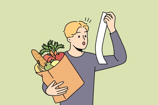 Stunned young man with bag or groceries shocked by expenses in supermarket. Amazed guy surprised with prices on food and products in shop. Vector illustration.