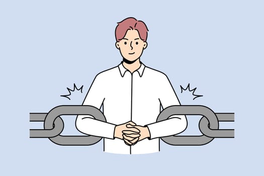 Young businessman as part of chain. Male employee or worker as link of chain at workplace. Engaged as business work element. Vector illustration.