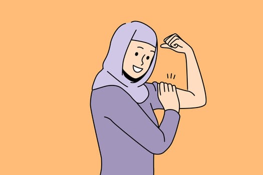 Smiling young woman in hijab show muscle demonstrate power. Happy Arabic female feel powerful and strong. Leadership concept. Vector illustration.
