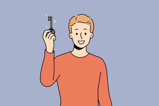 Smiling young man holding key to new house or apartment. Happy male owner excited about housing or dwelling purchase. Ownership concept. Vector illustration.
