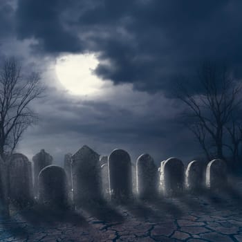 Halloween scary night concept. Horror graveyard at night with evil moon. October 31 halloween party poster design background.