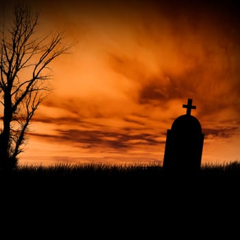 Halloween scary tombstone with orange burning sky. Horror graveyard silhouette at night. October 31 halloween party poster design background.