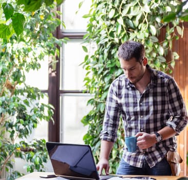 Closeup of business man enjoy working on computer in his pleasant studio home office with green houseplant. Freelance professions in cool workplace environment: programmer, designer, architect, blogger, entrepreneur, social media... Cool interior design workspace.