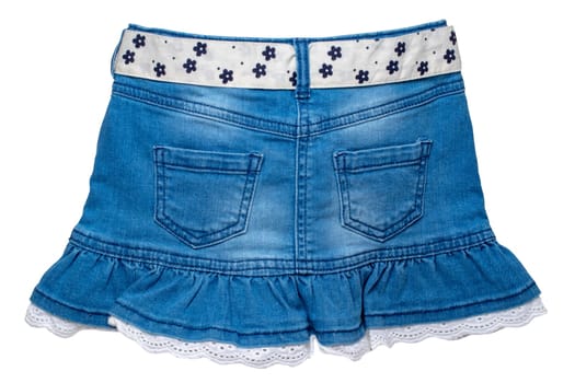 Jeans Skirt. Close-up of sexy short blue denim skirt with a white fabric belt with flowers and bow isolated on white background. Clipping path. Macro. Back view.