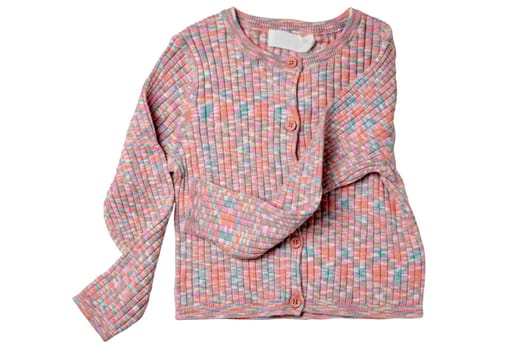 Girls clothes. Multi-colored knitted elegant fluffy cardigan or jumper with v-neck and button closure isolated on a white background. Clipping path. Kids and children's fashion.
