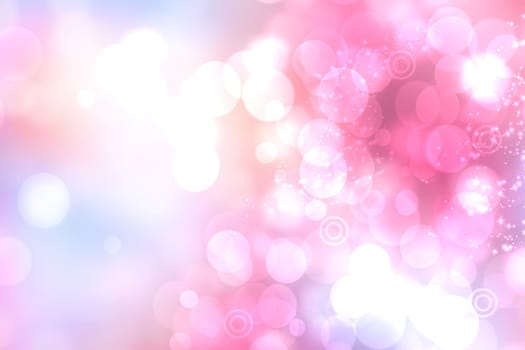 Abstract blurred festive light red pink white winter christmas or Happy New Year background texture with white bokeh circles and stars. Card concept.