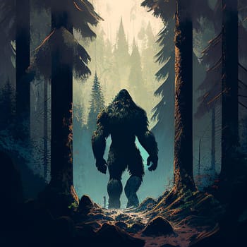 Bigfoot or sasquatch in the forest, mysterious furry creature walking in the woodlands, tall trees, Illustration, gernative ai