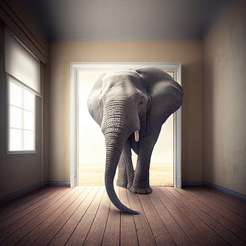 Big elephant standing in an empty room, animal concept, metaphorical idiom for important or enormous topic, illustration, generative ai