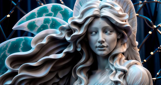 Sculpture of a woman with wings, made in the style of metal graphics. Generative AI.