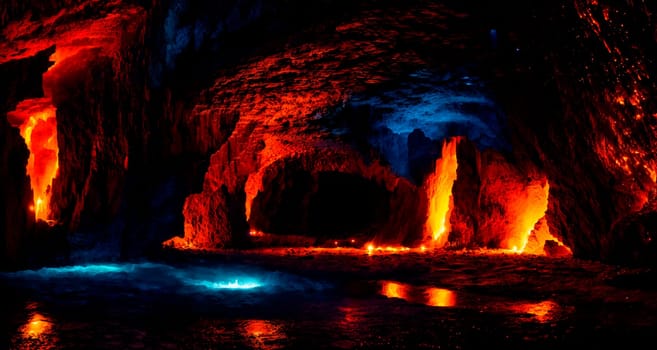 A cave with burning lava and a bluish glow of water, creating a mystical atmosphere. Generative AI.