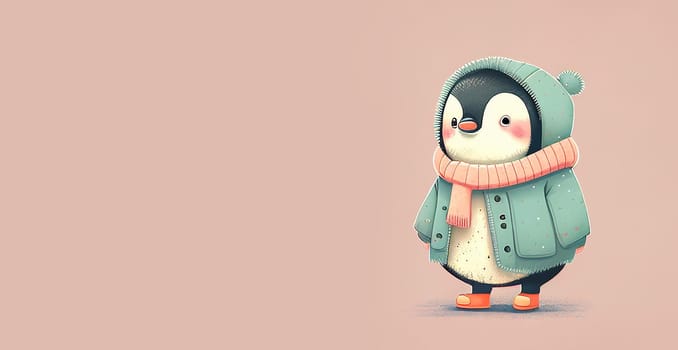 Cute penguin cartoon with clothes, pastel color, animal greeting card, fairy tale character, love and emotion, generative AI