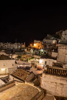 Night landscape of the Sassi of Matera, well-known for their ancient cave dwellings. Basilicata. Italy