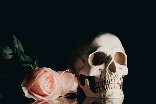 Skull with pastel pink rose flowers. Calavera Catrina. Dia de los muertos. Day of The Dead.