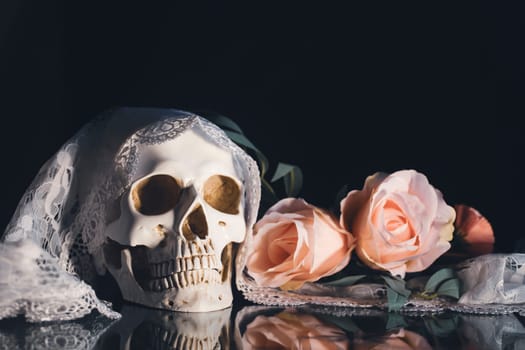 Skull with bride veil and pastel pink rose flowers. Calavera Catrina. Dia de los muertos. Day of The Dead.