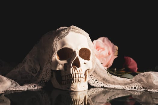 Skull with bride veil and pastel pink rose flowers. Calavera Catrina. Dia de los muertos. Day of The Dead.