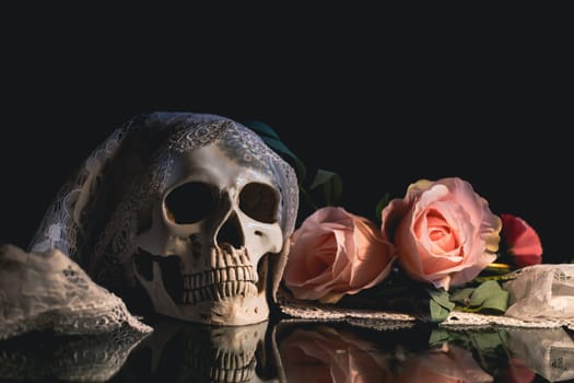 Skull with bride veil and pastel pink rose flowers. Calavera Catrina. Dia de los muertos. Day of The Dead.