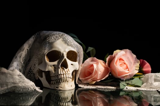 Skull with bride veil and pastel pink rose flowers. Calavera Catrina. Dia de los muertos. Day of The Dead.