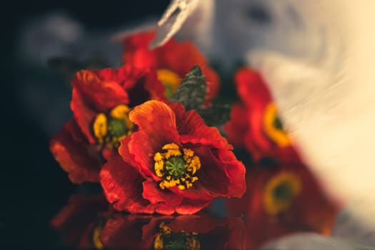 Still life with red poppies on white veil. Armistice or Remembrance day concept.