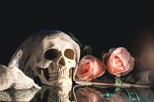 Skull with bride veil and pastel pink rose flowers. Calavera Catrina. Dia de los muertos. Day of The Dead.