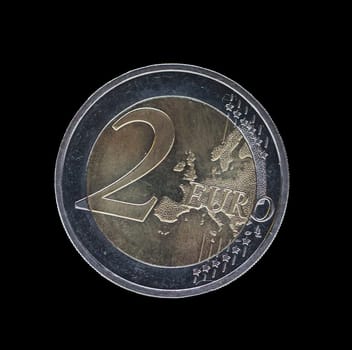 Two euro coins, close-up of a coin with the value of 2 euros.