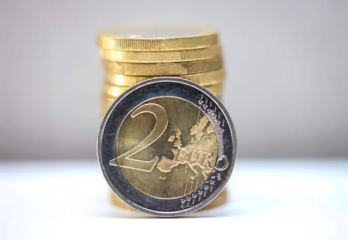 Two euro coins, close-up of a coin with the value of 2 euros.