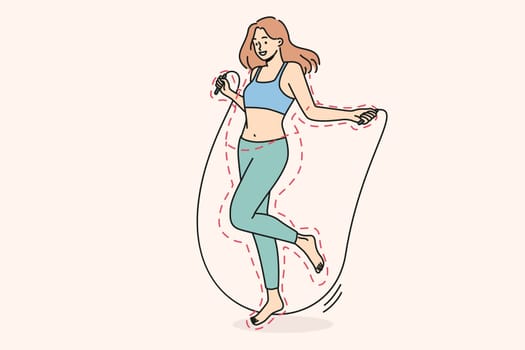 Smiling young woman jumping on jump rope losing weight. Happy toned girl follow healthy lifestyle workout with rope. Sport and training. Vector illustration.