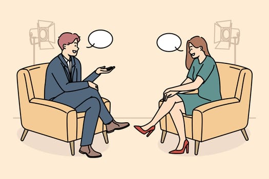 Smiling people sitting in chairs in studio filming TV program. Happy interviewer and interviewee have discussion shooting live broadcast. Vector illustration.