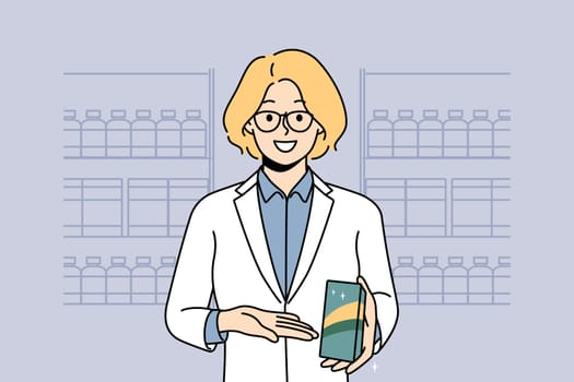 Smiling female pharmacist recommend medication in drugstore. Happy woman specialist in uniform show at bottle give recommendation to medicament. Vector illustration.
