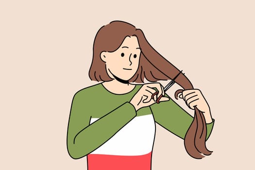 Young woman cut hair support Iranian women. Decisive female stand together with iran feminist and activist. Equality and feminist rights. Vector illustration.