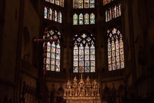 Scenic colorful windows in the Regensburg cathedral, Germany