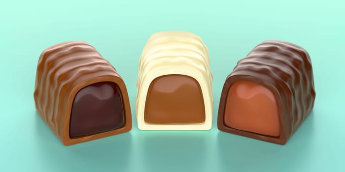 White, dark and milk chocolate bonbons with caramel, cherry and chocolate cream inside