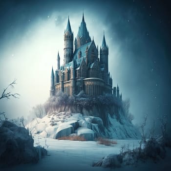 Winter landscape with Majestic Medieval fantasy cathedral created with Generative AI technology.