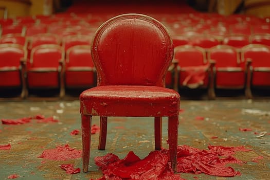 A solitary red chair contrasts with faded theater seats, surrounded by remnants of paint and an air of forgotten performances.