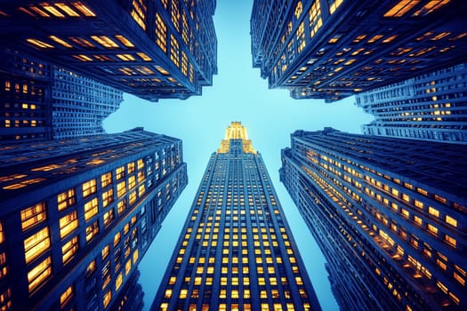 Amid the towering buildings, the iconic spire shines brightly against the twilight sky, creating a breathtaking view of the cityscape.