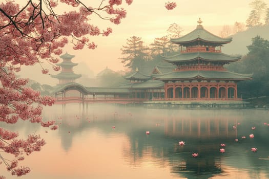 Cherry trees blossom softly as morning light reflects on a silent lake, highlighting the beauty of a traditional structure in the distance.