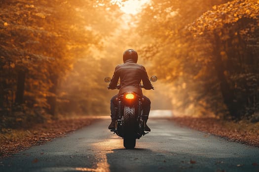 A motorcyclist rides a motorcycle on an asphalt road between the forest. Motorcycle on an empty road.