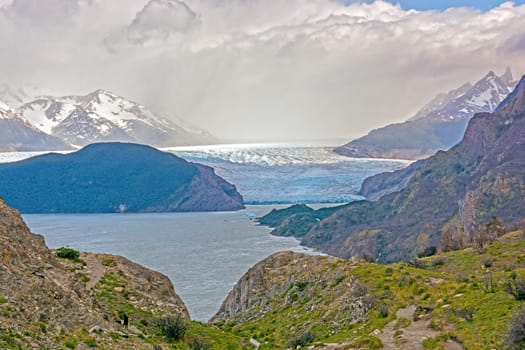 Massive Glacier Descending Out of the Mountain Mist on the Grey Glacier in Patagonia