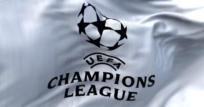 Istanbul TR, Jan 2023: UEFA Champions league flag waving. European football competition. Close-up. Rippled fabric. Textured background. Selective focus. Realistic 3d illustration render