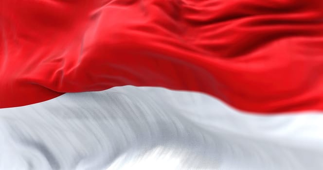 the Indonesia national flag waving in the wind. The Republic of Indonesia is a State of Southeast Asia. Rippled fabric. Textured background. Realistic 3d illustration. Close-up