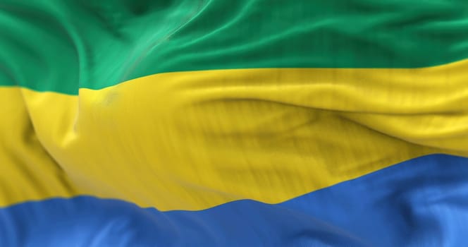 The Gabon national flag waving in the wind. The Gabonese Republic is a Central African Country. Rippled fabric. Textured background. Realistic 3d illustration. Close-up