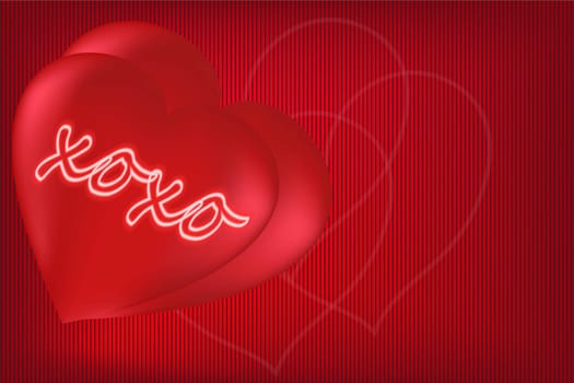 Two red hearts with the inscription XOXO on a red textured background with copy space. Concept for valentine's day, birthday, mother's day, women's day. Universal holiday background. Vector image.