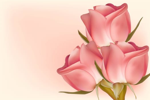 Three pink roses on a light background with copy space. Concept for valentine's day, birthday, mother's day, women's day. Universal holiday background. Vector image.