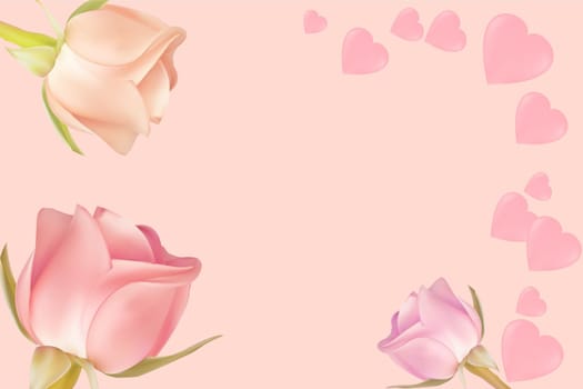 Three multi-colored roses on a light background with copy space. Concept for valentine's day, birthday, mother's day, women's day. Universal holiday background. Vector image.