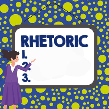 Text caption presenting Rhetoric, Internet Concept study of writing or speaking as mean of communication or persuasion